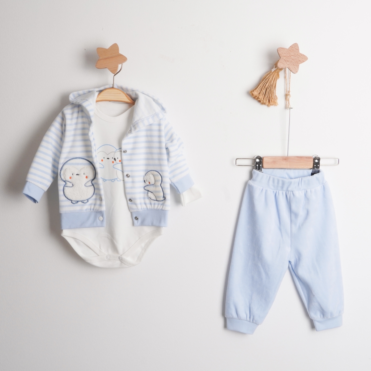 Hoppala 4651 Penguen Nakışlı Unisex Badili Hırkalı Üçlü Kadife Takım