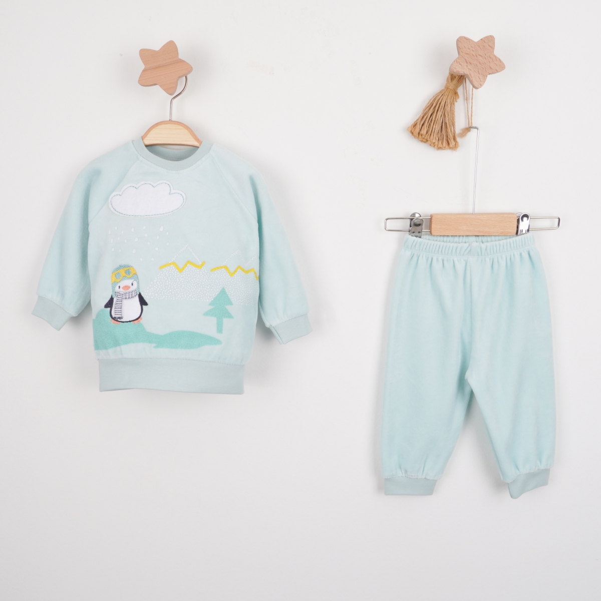 Hoppala 4606 3-6/6-9/9-12 Ay Penguen Nakışlı Unisex Kadife İkili Takım