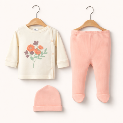 Hoppala 4462 0-3 Ay Flowers Süzene Nakışlı Kız Eldivenli Şapkalı Zıbın Takımı