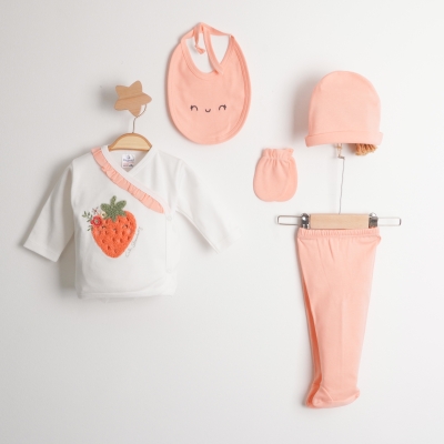 Hoppala 4053 Strawberry Süzene Nakışlı 0-3 Ay Kız Beş Parçalı Zıbın Takımı