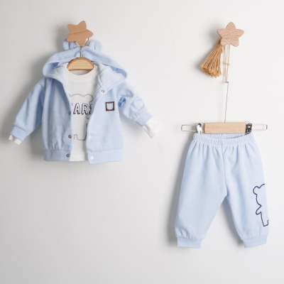 Hoppala 4151 Bears Baskılı Erkek Kadife Hırkalı Üçlü Takım