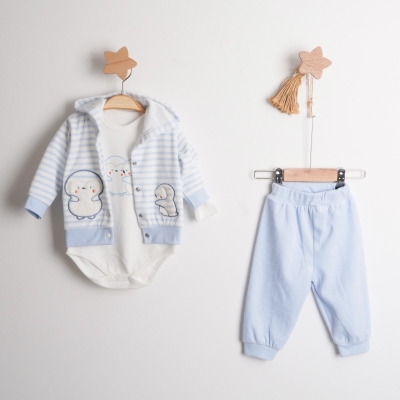 Hoppala 4651 Penguen Nakışlı Unisex Badili Hırkalı Üçlü Kadife Takım