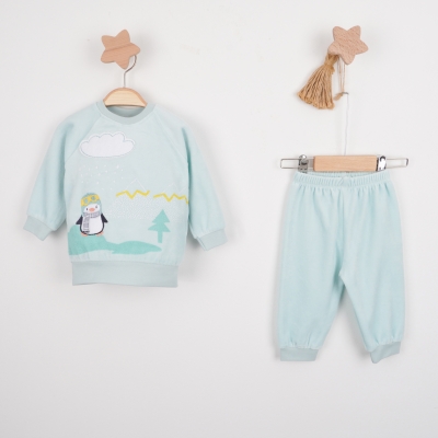 Hoppala 4606 3-6/6-9/9-12 Ay Penguen Nakışlı Unisex Kadife İkili Takım