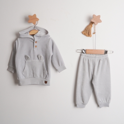 Hoppala 4603 3-6/6-9/9-12 Ay Kapüşonlu Cepli Kareli Erkek Kadife İkili Takım