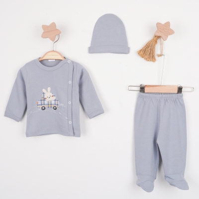 Hoppala 4439 0-3 Ay Bunny Nakışlı Arabalı Eldivenli Şapkalı Zıbın Takımı