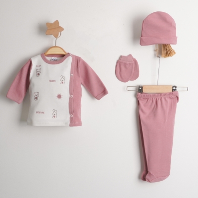 Hoppala 4057 Animals Nakışlı 0-3 Ay Unisex Beş Parçalı Zıbın Takımı