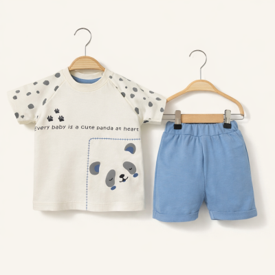 Luminoso 5007 6-9-12 Ay Panda Baskı Nakışlı Şortlu Erkek Takım